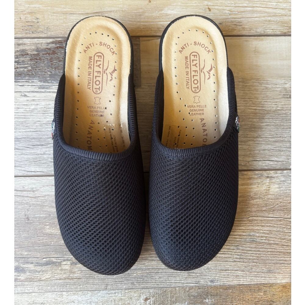 FLY FLOT Cloth Mesh Open Back Slipper Mules Leather Sz 7.5 Black Minimal Italian
